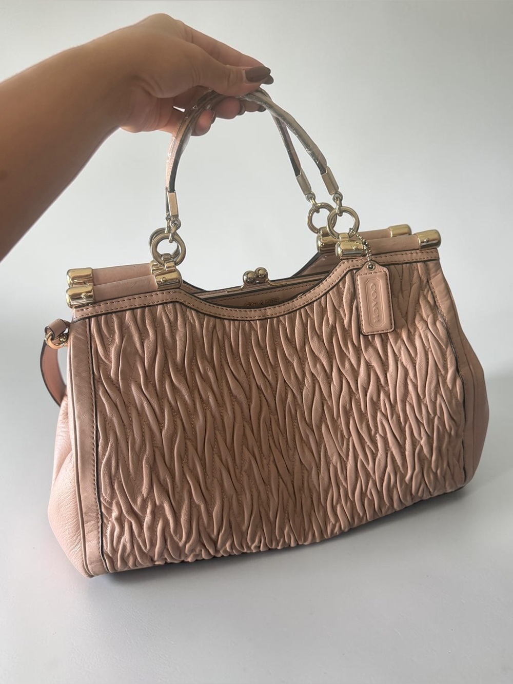 Coach Madison Carrie 27681 Gathered Leather Satchel Shoulder Bag in Blush Pink